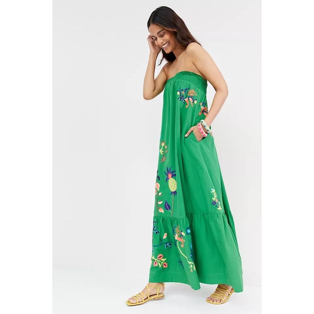 Anthropologie Ruffled Floral Bird Embroidered Dress NWT Large